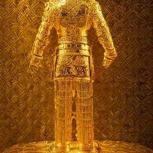 Image similar to epic deatailed golden statue of the King, surrounded by intricate gold lace metalwork on a black smokey background. metallic, accent lighting, glowing, gold