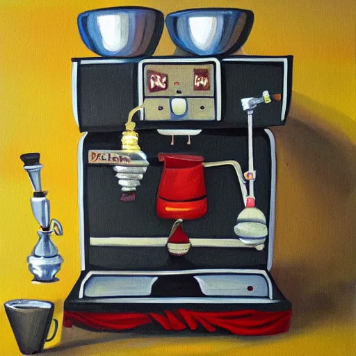 Image similar to a painting of demon espresso machine that makes coffee from human souls
