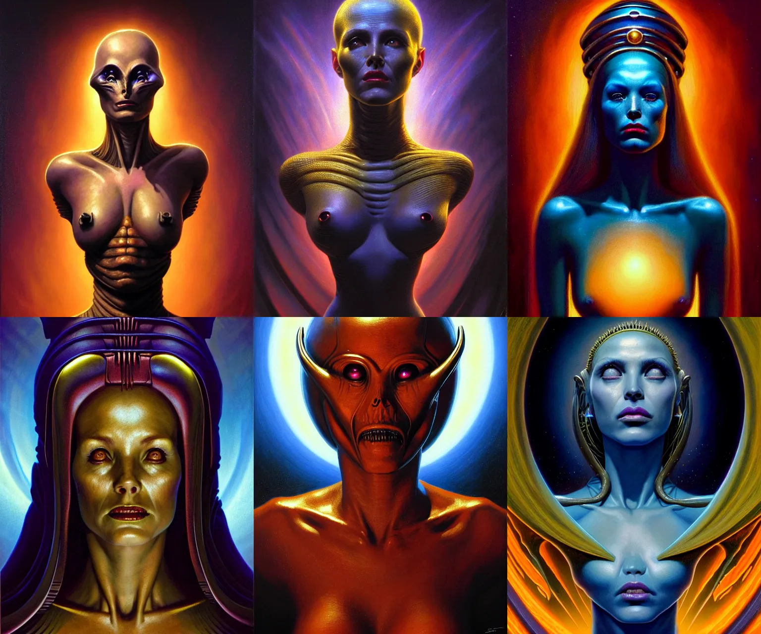 Prompt: cinematic bust portrait of alluring female extraterrestial queen, head and chest only, exotic alien features, Tim Hildebrandt, Wayne Barlowe, Bruce Pennington, donato giancola, hr giger, oil on canvas, masterpiece, trending on artstation, featured on pixiv, cinematic composition, dramatic pose, beautiful lighting, sharp, details, hyper-detailed, HD, HDR, 4K, 8K