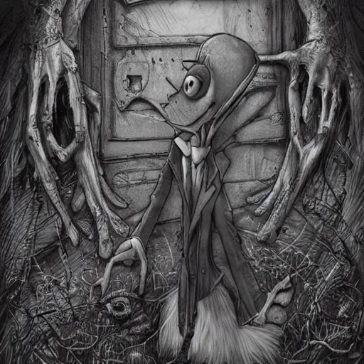 Image similar to michael karcz grunge cartoon drawing of kermit the frog. , in the style of corpse bride, loony toons style, horror themed, detailed, elegant, intricate