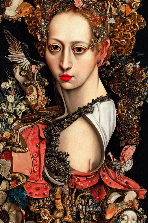 Image similar to Detailed maximalist portrait with large lips and with large eyes. HD mixed media, 3D collage, highly detailed and intricate illustration in the style of Caravaggio, baroque dark art