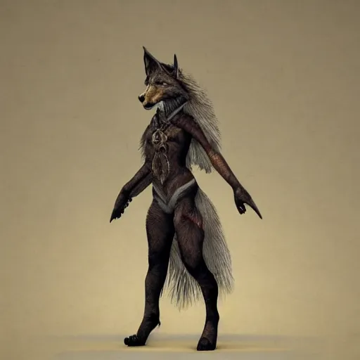 Prompt: fantasy art of a noble werefox walking upright, front view, photorealistic