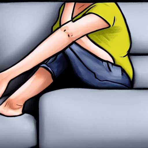 Image similar to a woman clipping her toenails on a grey couch, digital painting, full view, living room, casual