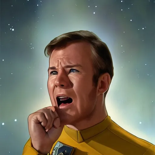 Image similar to photograph of captain j. kirk from star trek screaming in terror. sharp photograph, sharp focus, highly detailed,, detailed face!!, ultra realism, dramatic lighting, zeiss lens, canon eos, detailed skin, dynamic pose, 8 k resolution, hyperrealism, portrait photography, art by artgerm and greg rutkowski and alphonse mucha