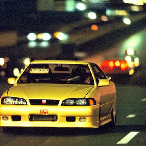 Image similar to nissan skyline r 3 3 rides on tokyo highway, night, high traffic, photograph from 1 9 9 9 year