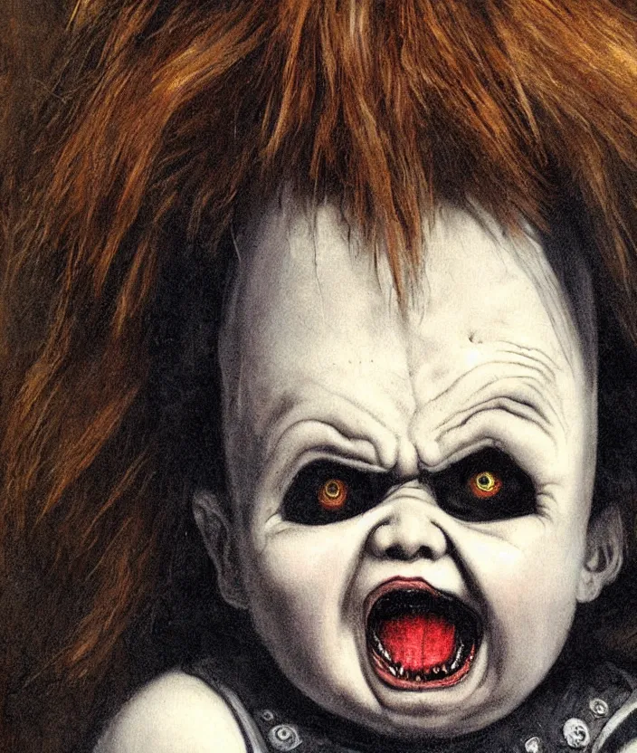 Image similar to gothic screaming chucky doll portrait by william - adolphe bouguerea, highly detailded