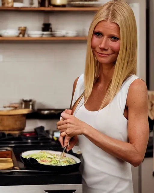 Image similar to wide shot photoshoot of gwyneth paltrow preparing a meal, 8 k, photorealistic