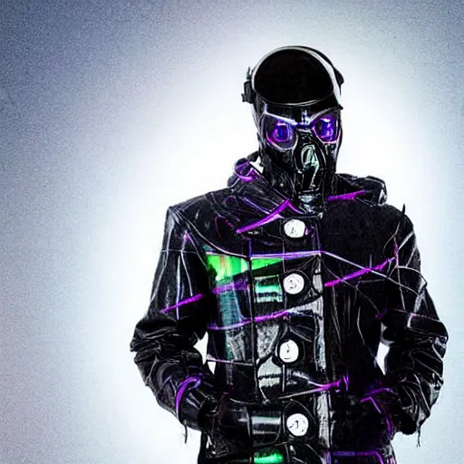 Prompt: mysterious figure wearing a synthwave punk cyber cybernetic trenchcoat. photograph, postapocalyptic, over the shoulder, fashion, vimeo netflix, decorated punk trenchcoat. motocross helmet. gentleman elegant. postapocalyptic background