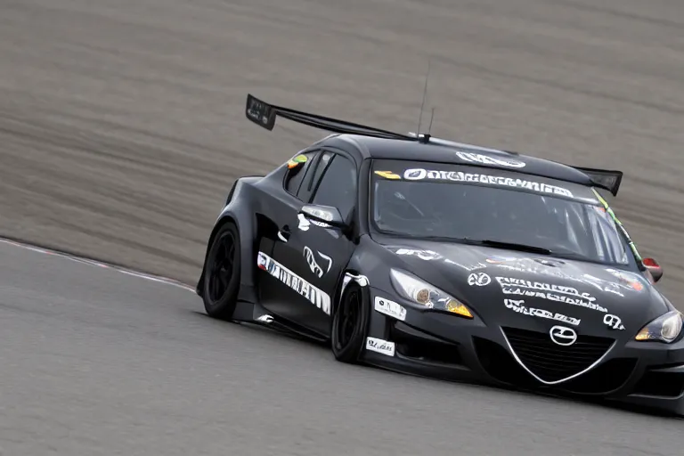 Image similar to black GT4 Mazdaspeed3 black plain livery simple, racing on track photo 2008 cinematic motion blur dof