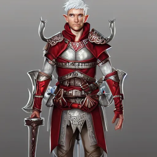 Image similar to character portrait, D&D, male half-elf, artificer, short red mohawk, white coat, half-plate armor, artstation, ultra detailed, todd lockwood