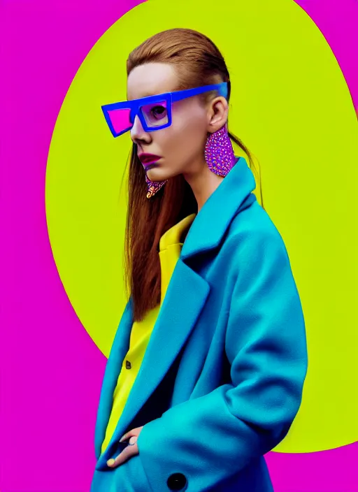 Prompt: coat for a rave, neat glasses,hairstyle, big earrings, bright soft colors, smooth soft skin,soft yellow background, many details, prints, photo for a magazine, photo for a store, fashion photography, Vogue, 135 mm, cinematic, hyper realism, high detail, octane render, 8k, chrome accents, very coherent symmetrical artwork, perfect face model, Soft light, Reduced contrast