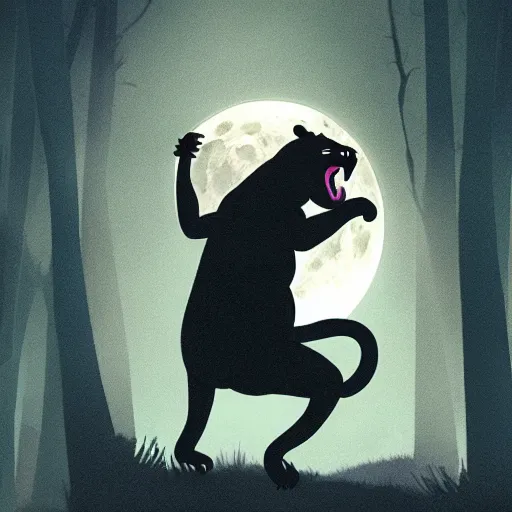 Image similar to a panther roaring at the moon in a forest during the night, large moon in the center. artistic. illustration. trending on artstation. cinematic. photoreal. dark colors. night.