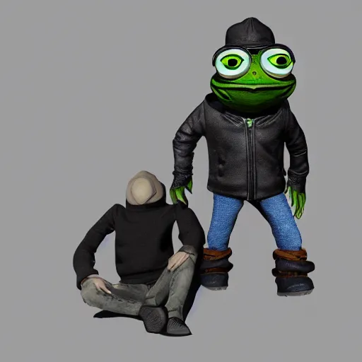 Image similar to perfectly accurate miniature figure of pepe the frog wearing jeans and a black leather jacket, soft textures, skin texture, clothing, 3d sculpture, textured, fine detail, lifelike, photo, high resolution, octane render, post processing, after effects, trending on artstation