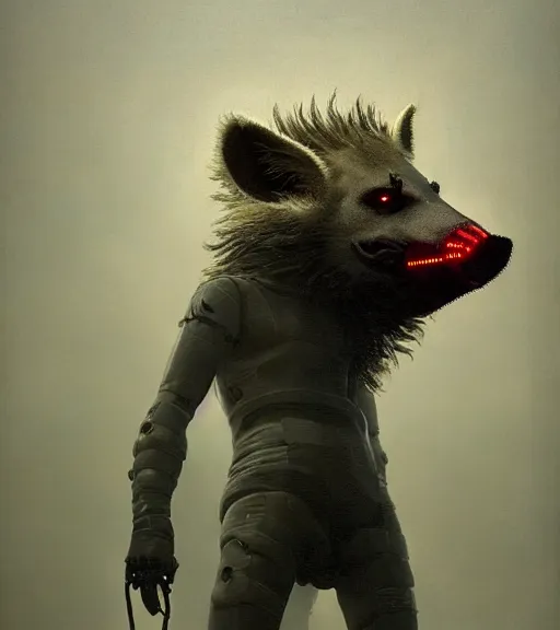 Image similar to new york city portrait of furry anthro anthropomorphic spotted hyena head animal person fursona wearing clothes strange cybernetic muzzle gloomy rainy screenshot from the video game cyberpunk 2077 digital art by Greg Rutkowski, Simon Stalenhag, christopher nolan trending on Artstation, CGSociety