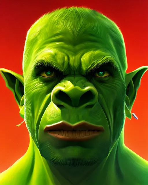 Image similar to « a portrait of a green orc chief, reddit contest winner, sots art, ilya kuvshinov, 2 d art, parallax »