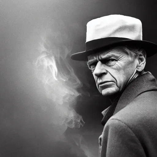 Image similar to arsene wenger as a 1 9 4 0 s gangster, noir, fog, serious, extreme detail, realistic, rain, atmospheric, cigarette in mouth, movie still, studio light 4 k