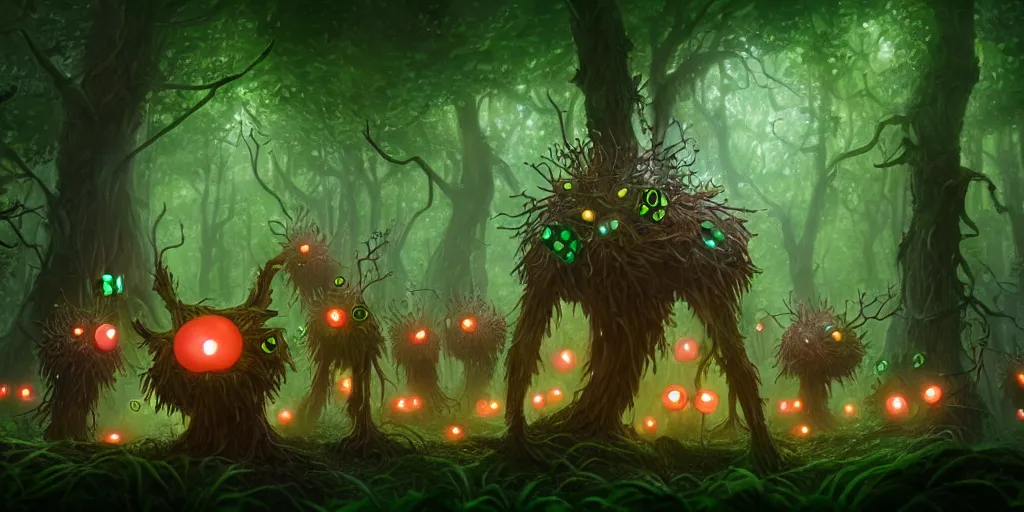 Prompt: anthropomorphic tree - creatures rolling cube dice in the forest, glowing energy, fantasy magic, by willian murai and jason chan and marco bucci, hyper detailed and realistic, illustration, sharp focus, cinematic, rule of thirds, forestpunk