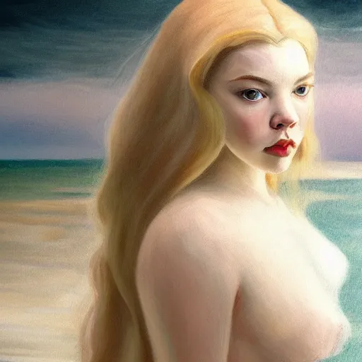 Prompt: Painting of Anya Taylor-Joy underwater, long blonde hair, delicate, pale milky white porcelain skin, by Edward Hopper. 8K. Extremely detailed.