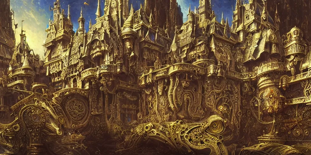 Prompt: symetrical highly detailed ornate with jewels and precious metals futuristic, sandman kingdom, close up in the bg entrance castle kingdom of dreams, space ships, hiperrealistc, global illumination, radiant light, detailed and intricate environment, 3 6 0 degrees, panoramic view, drawing by frank lloyd wright art by andreas achenbach