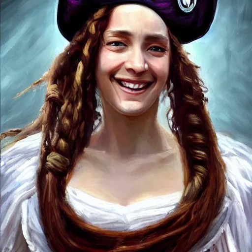 Prompt: oil painting, smiling, happy, beautiful, intelligent, powerful, female pirate captain 2 9 years old, loving eyes, flowing long hair, fully clothed, wise, beautiful, masterful 1 7 2 0 s oil painting, dramatic lighting, sharp focus