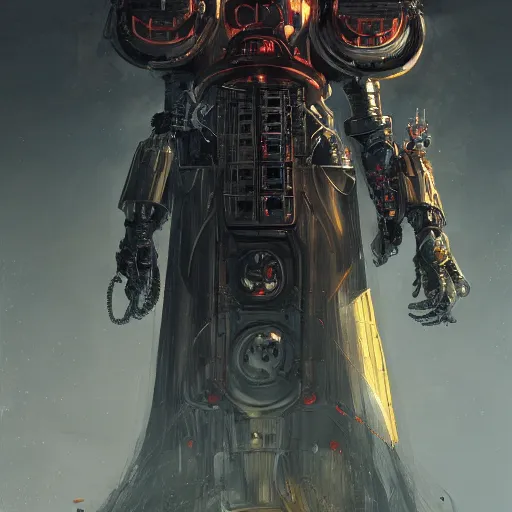 Prompt: Adeptus Mechanicus Techpriest, by Cedric Peyravernay, highly detailed, hyperrealism, excellent composition, cinematic concept art, dramatic lighting, trending on ArtStation