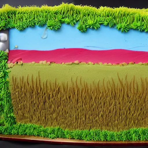 Prompt: A prairie landscape made entirely of cake and frosting, still life