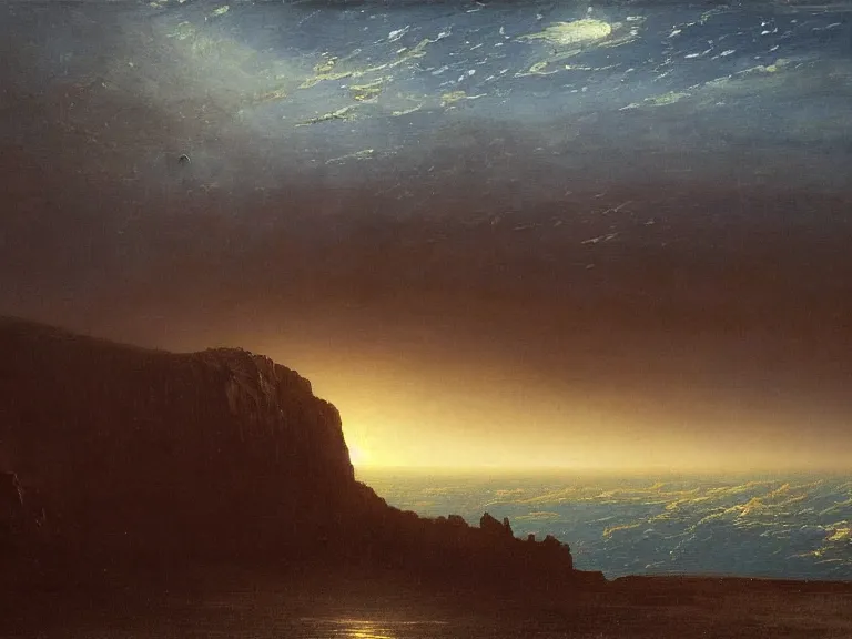 Prompt: an oil painting of an alien planet and the coastline of a black ocean at dawn, beautiful sky by beksinski carl spitzweg and tuomas korpi. baroque elements, full-length view. baroque element. intricate artwork by caravaggio. Trending on artstation. 8k