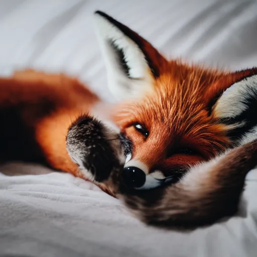 Image similar to a cute photograph of a fox lying in bed sleeping, eyes closed, soft focus, studio lighting, 50mm