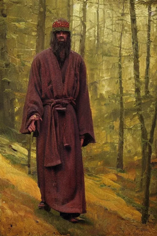 Image similar to slavic dog head man, woolen torso in medieval clothes, walking in the forest, orthodox, oil painting, concept art, hyperrealism, beautiful, high resolution, trending on artstation, by annie swynnerton and nicholas roerich, embroidered robes, elaborate costume,