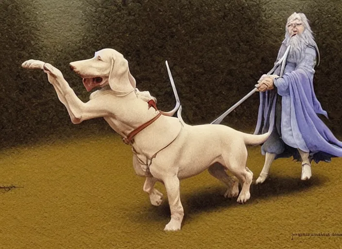 Image similar to Gandalf the White riding a dachshund, intricate artwork by Angus McBride, John Howe, Matthew Stewart, Ted Nasmith, highly detailed