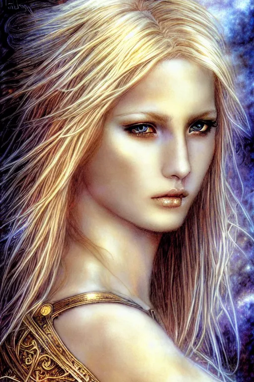 Prompt: a beautiful blond goddess girl, fantasy, portrait, sharp focus, intricate, elegant, illustration, ambient lighting, art by Luis Royo