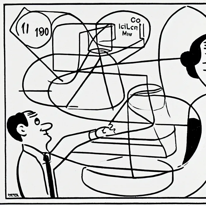 Image similar to a still frame from comic strip, a chemistry molecule model 1 9 5 0, herluf bidstrup, new yorker illustration, monochrome contrast bw, lineart, manga, tadanori yokoo, simplified,