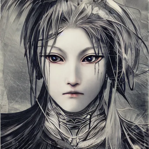 Image similar to yoshitaka amano realistic illustration of an anime girl with black eyes, wavy white hair fluttering in the wind and cracks on her face wearing elden ring armour with engraving, abstract black and white patterns on the background, noisy film grain effect, highly detailed, renaissance oil painting, weird portrait angle, blurred lost edges, three quarter view