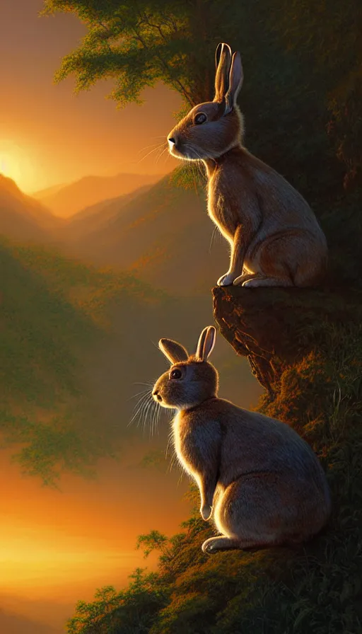 Image similar to hyper realistic rabbit looking off of a cliff, sun setting behind rabbit silhouette, lush forest in valley below, painted by craig mullins, j. c. leyendecker 8 k