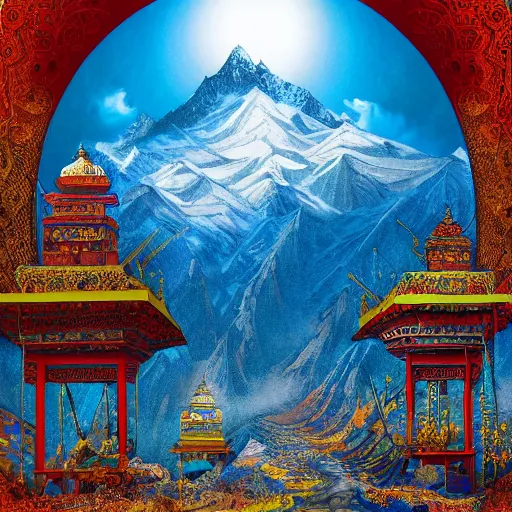 Image similar to omar shanti himalaya tibet, acrilic paint, digital, artstation, detailed intricate ink illustration, heavenly atmosphere, digital art, overdetailed art, concept art, complementing colors, trending on artstation, cgstudio, the most beautiful image ever created, dramatic, subtle, details, award winning artwork, beautiful scenery