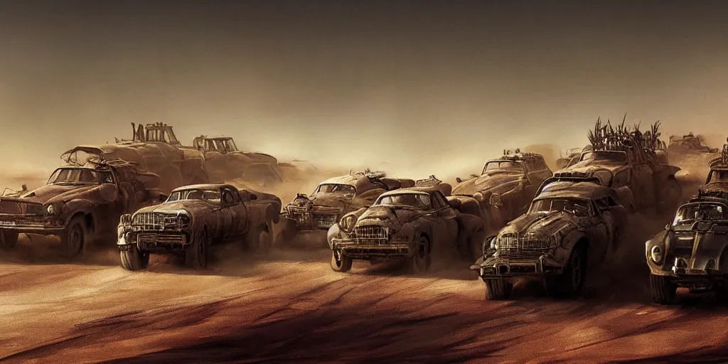 Prompt: an environmental concept art from mad max fury road, cars speeding through the desert, highly detailed, cinematic, dramatic lighting by francis tneh