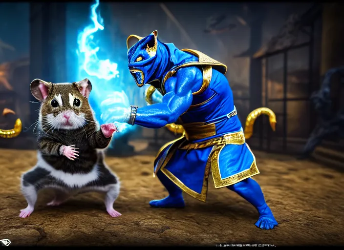 Image similar to hamster dressed as sub zero fights a cat dressed as scorpion in mortal kombat on the background of a laughing shao khan. fantasy magic style. highly detailed 8 k. intricate. lifelike. soft light. sony a 7 r iv 5 5 mm. unreal engine with nanite and path tracing