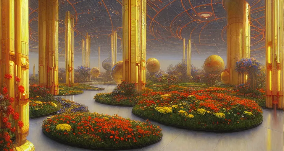 Prompt: a minimalist oil painting by donato giancola and james gurney, warm coloured, cinematic scifi luxurious futuristic foggy steam filled megalithic garden circular shopping mall interior with microscopy minimalist giant windows flowers growing out of pretty bulbous ceramic fountains, gigantic pillars and flowers, maschinen krieger, beeple, star trek, star wars