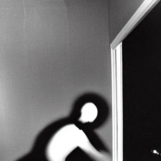 Image similar to a shadow figure standing over the body of a man in a motel room shot on a disposable camera 1 9 7 8 for'real ghost stories magazine ;