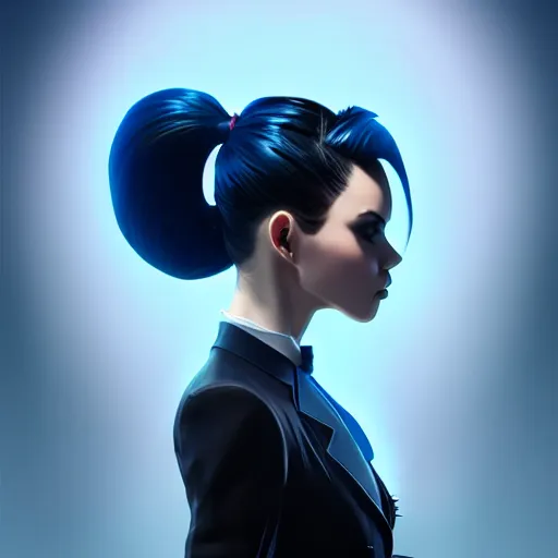 Prompt: low - angle shot from behind of a long blue ponytail girl in a tailcoat overlooking noxus, noir, screenshot, sharp focus, intricate, illustration, cell shaded, digital painting, highly detailed, art by ilya kuvshinov, wlop, greg rutkowski, studio quality, james jean