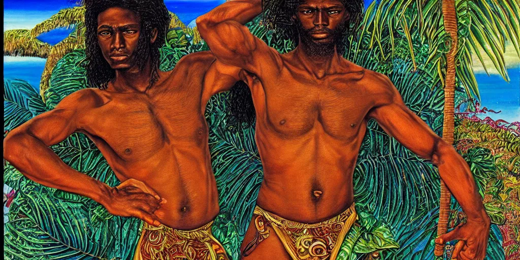 Image similar to a beautiful tropical landscape, portrait of a dark - skinned greek god. 2 4 mm, photorealistic, abstract, directed by mati klarwein