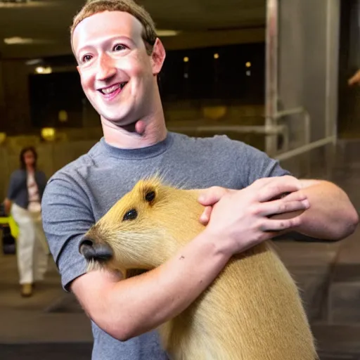 Prompt: Mark Zuckerberg holding a live capybara