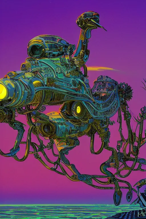 Image similar to mechancial animal, art by alex schomburg and syd mead, trending on artstation, bioluminescence rear view in the golden hour, stuckism, 4 k hd wallpaper, fantasy artist, gond painting