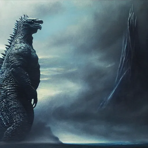 Prompt: Godzilla, elden ring boss, matte painting, detailed, elden ring, oil on canvas