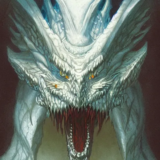 Image similar to a white dragon breathing frost, dungeons and dragons, digital art, by John Howe and Alan Lee and Larry Elmore