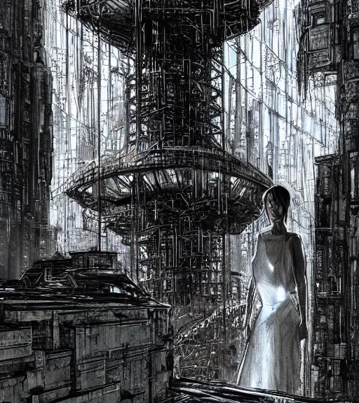 Image similar to andrei tarkovsky cyberpunk greatest scene, ancient tower of babylon, woman in transparent cyber clothing, hyperrealistic, blame, manga style, drawing by tsutomu nihei, cyber world, ambient lighting, concept art, hyper - detailed, smooth, masterpiece, epic, ray tracing, cinematic, high quality