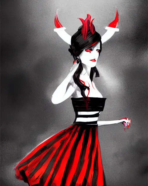 Image similar to Medium shot of Red Imp + White black striped horns + Formal outfit, in the style of greg rutkowski