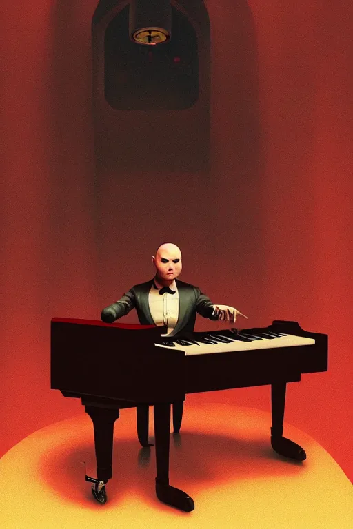 Image similar to an expressive portrait of agent 4 7 playing the piano in a monastery, dark background, red rim light, digital art, artstation, concept art by giger stalenhag