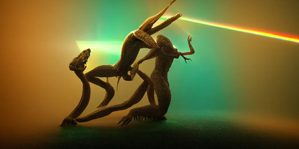 Prompt: reptilian humanoid fighting a huge banshee, with a radiant spectrum, rendered in octane, minimalism