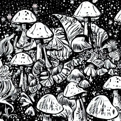 Image similar to stars in the sky fairies with detailed faces enchanted forest mushrooms on the ground psychedelic wide angle shot white background vector art illustration gears of war by frank frazetta